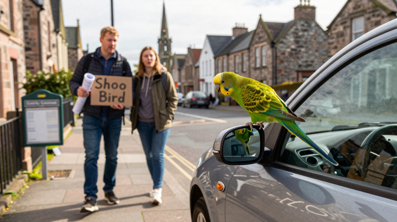 Green budgerigar perched on a car side mirror with two pedestrians and stone buildings in the background