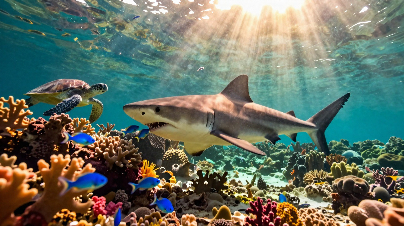 Underwater scene of a shark, sea turtle, and colourful fish swimming above a vibrant coral reef.