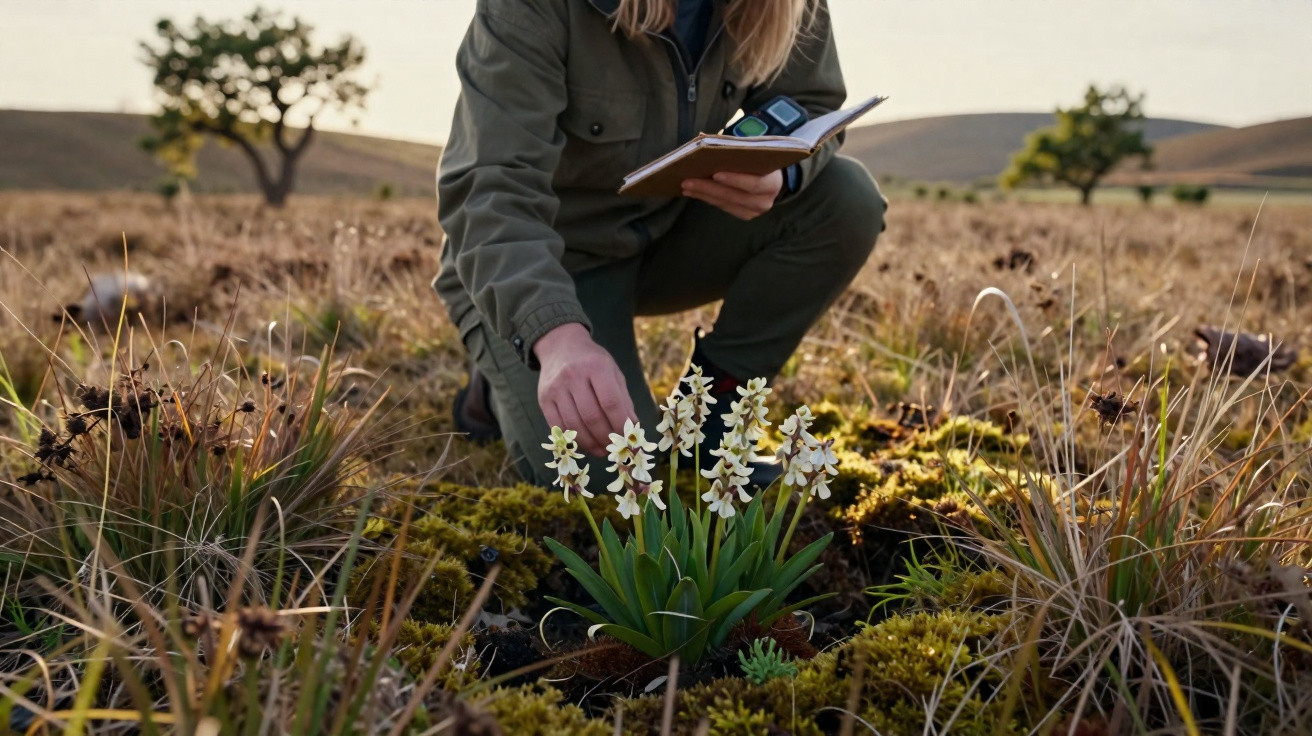 Person in outdoor gear examining and recording data on yellow wildflowers in a grassy field at dusk.