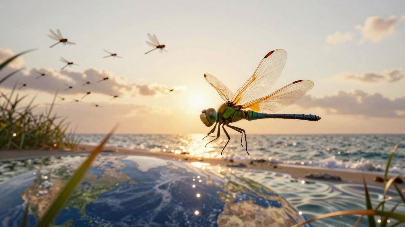 Close-up of a dragonfly hovering over a globe with the ocean and sunset in the background.