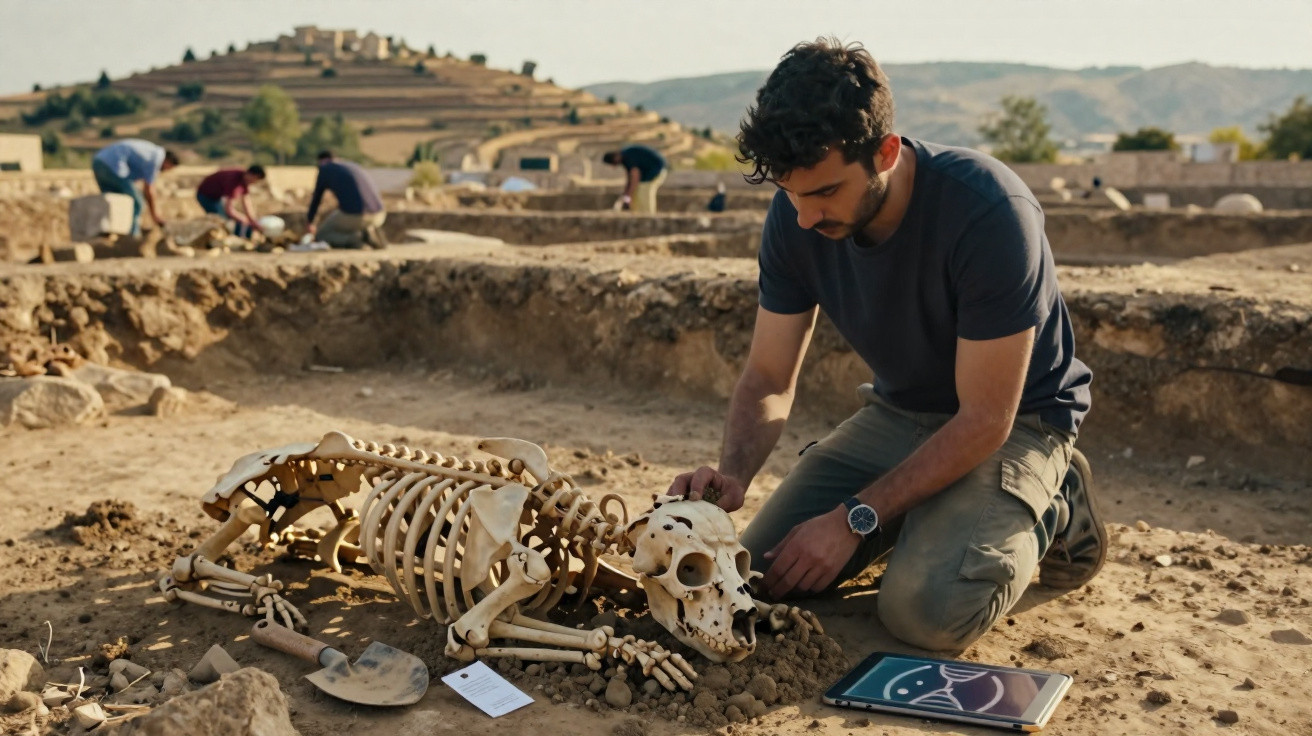 Archaeologist examining a large animal skeleton at a dig site with hills and workers in the background.