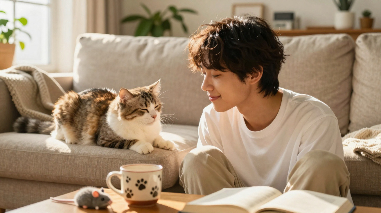 Young person sitting on the floor, smiling at a tabby cat resting on a beige sofa in a sunlit living room.