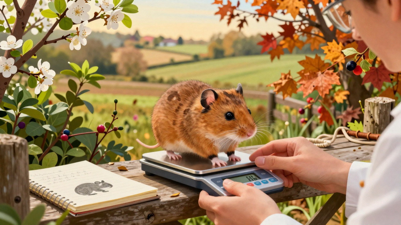 Hamster being weighed on a digital scale outdoors with a notebook and autumnal countryside in the background