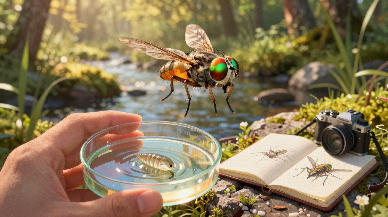 Close-up of a giant insect hovering above a petri dish with a small larva, book with insect drawings, and camera nearby.