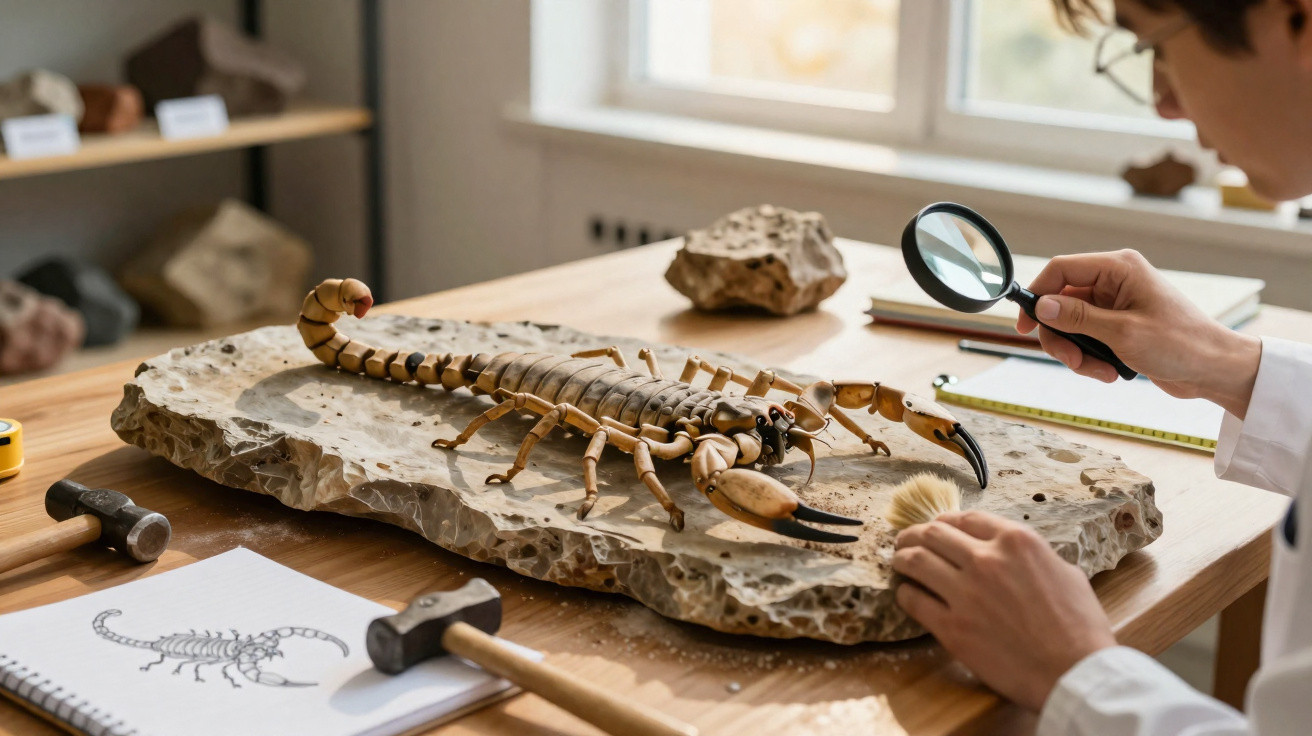 Scientist examining a large scorpion fossil replica on a rock slab with magnifying glass in a well-lit room.
