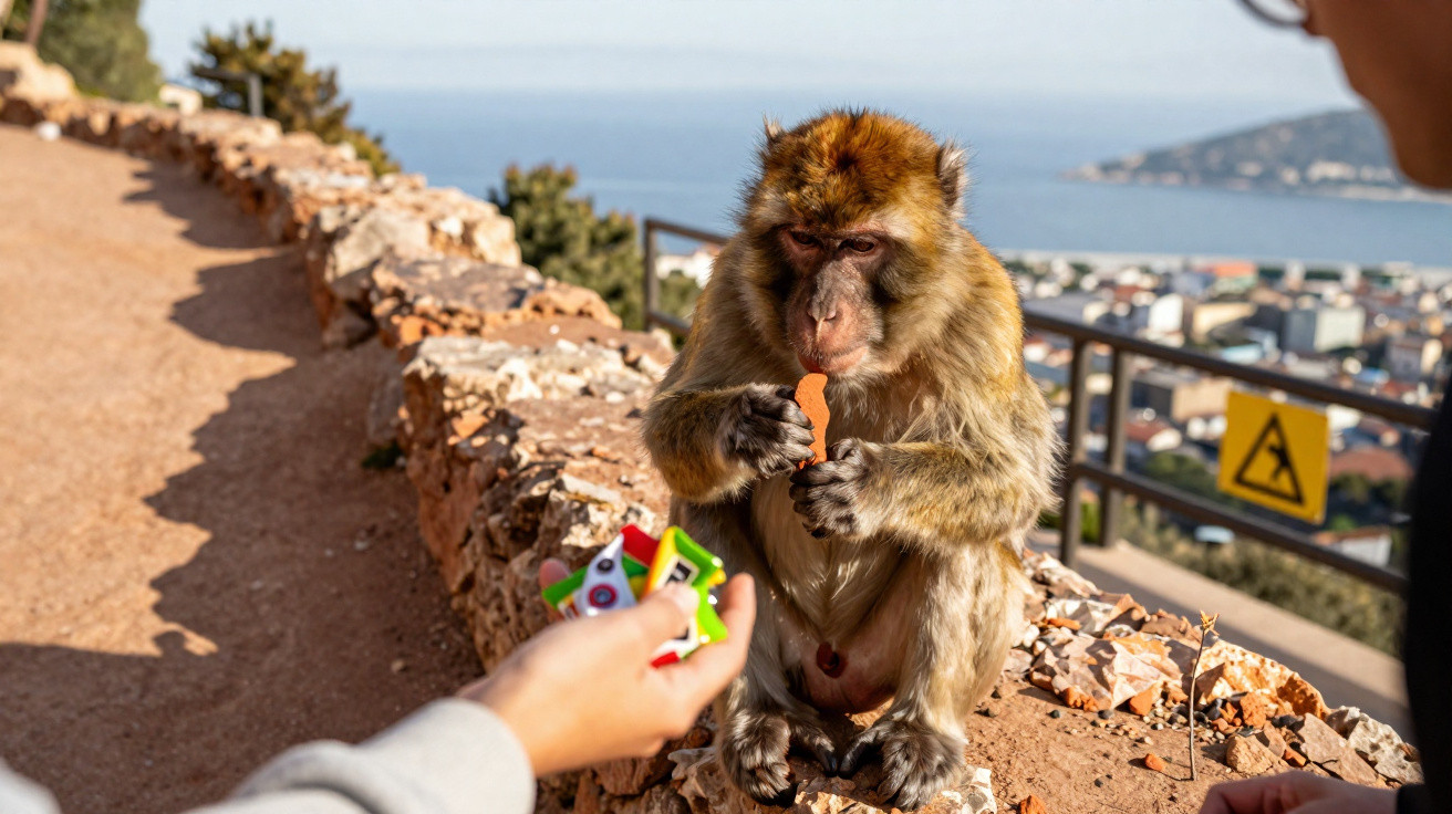 Barbary macaque eating a snack offered by a person on a rocky path overlooking a town.