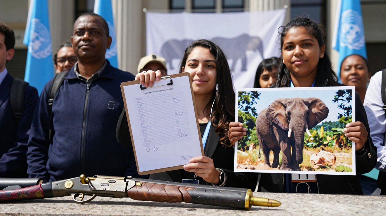 Group of people holding an image of an elephant and a signed petition, with a decommissioned gun displayed in front.