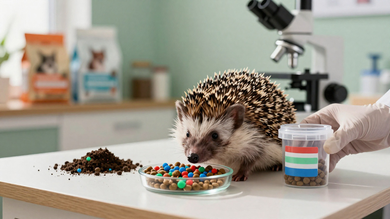Hedgehog on a vet's table with colourful food, soil samples, and a microscope in the background.