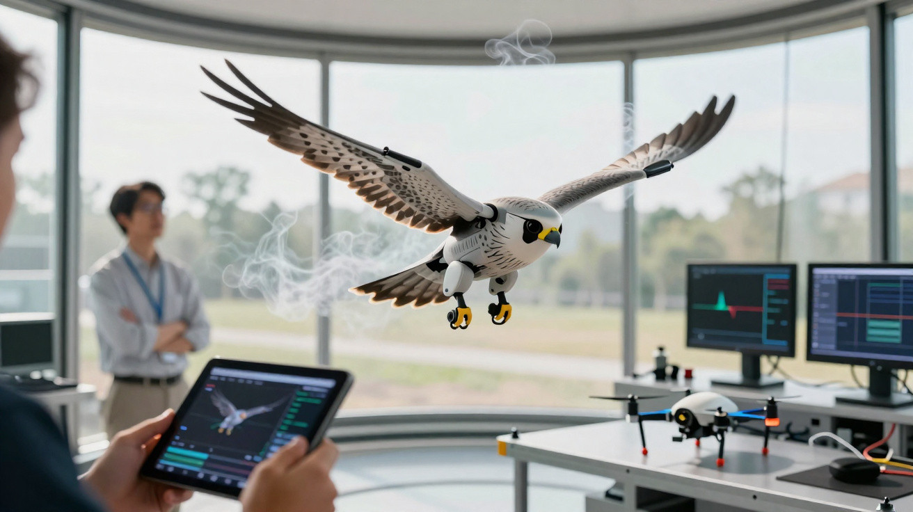 Drone designed as a flying bird in a high-tech lab, controlled by a person using a tablet device.