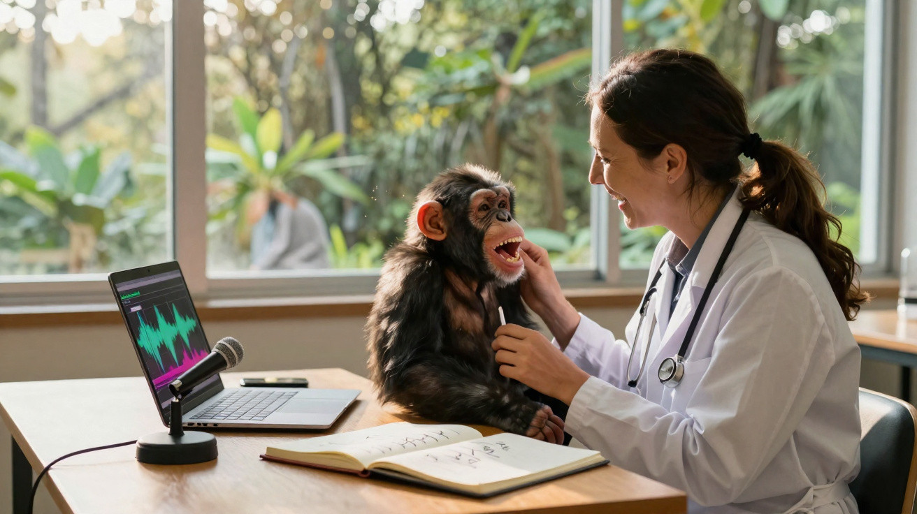 Veterinarian examining a young chimpanzee at a desk with laptop and open notebook in a bright room.