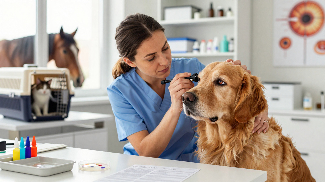 Veterinarian in blue scrubs examining a golden retriever's eye in a veterinary clinic with a horse and cat nearby.