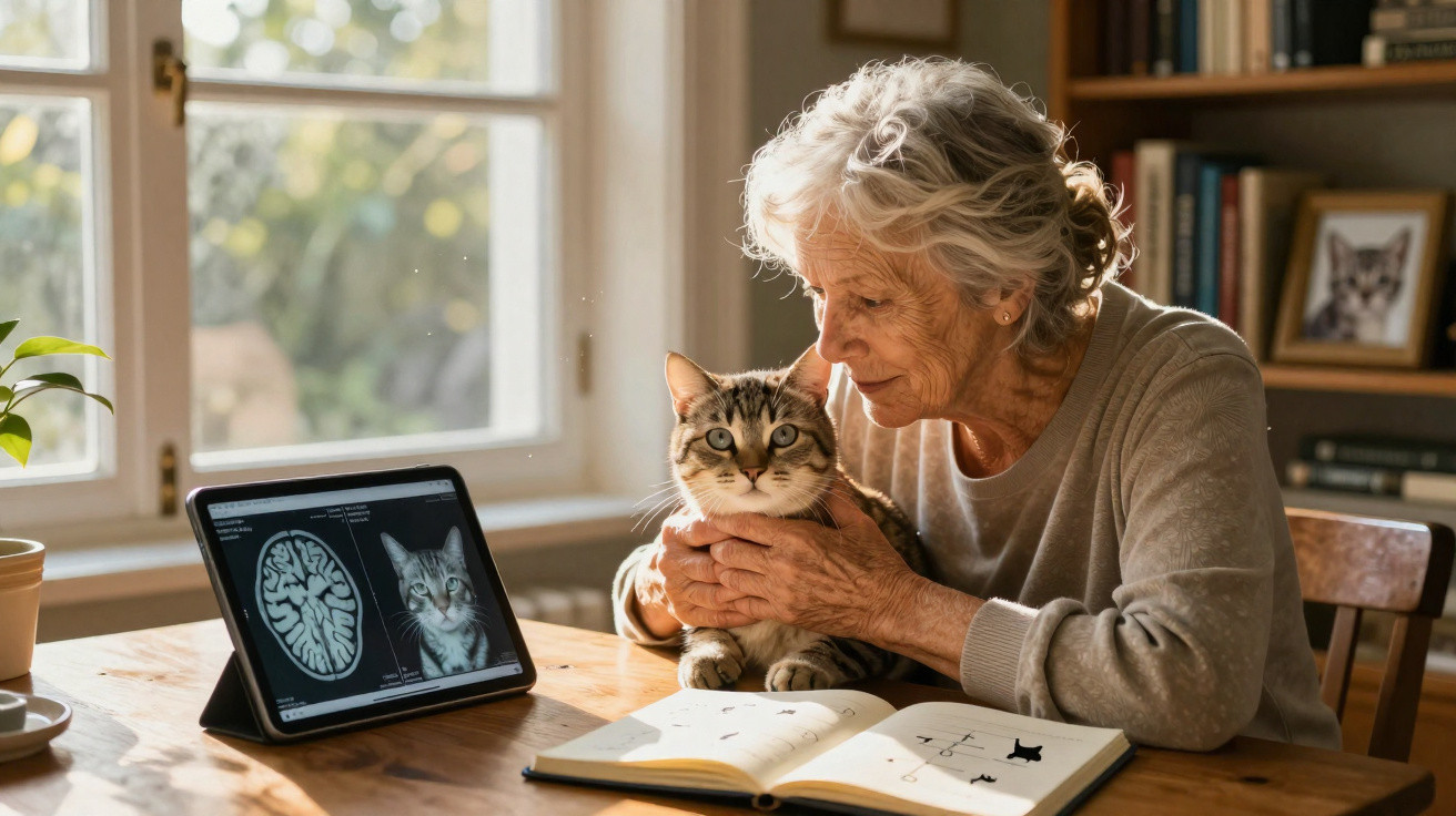 Elderly woman holding a cat at a table with a tablet showing brain scan and cat image beside an open book.