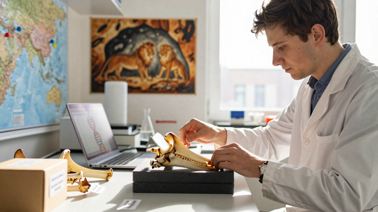 Young male scientist in a lab coat studying animal jawbone with laptop and anatomical maps in the background.