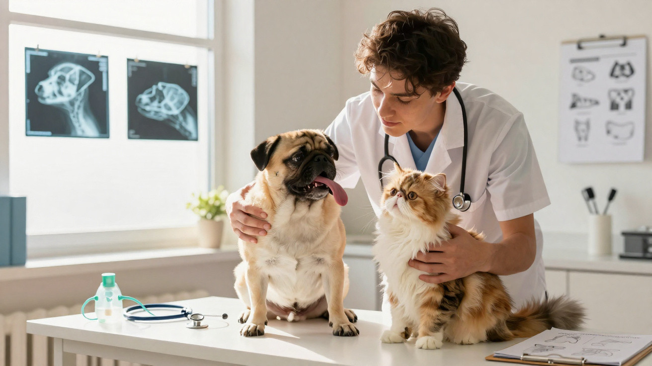 Veterinarian examining a pug and a fluffy cat on a clinic table with X-ray images in the background.