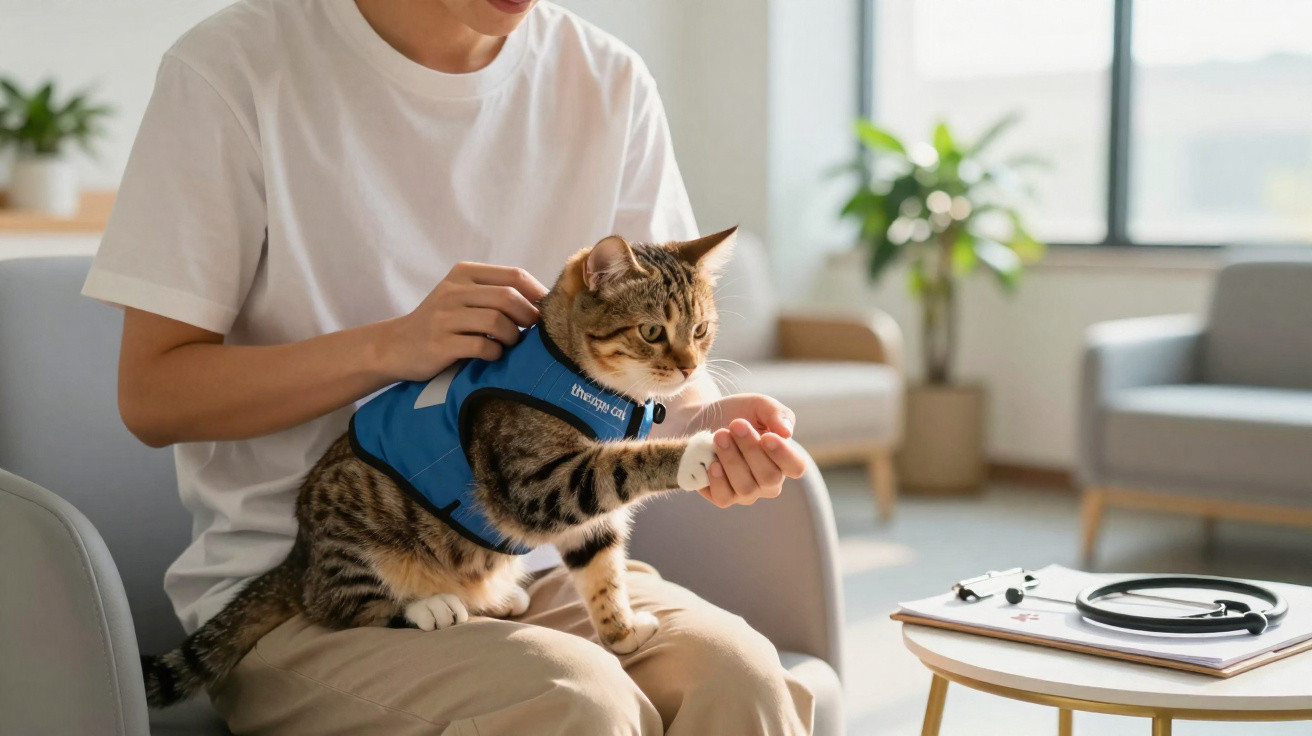 Person putting a blue therapy cat vest on a tabby cat sitting on their lap in a bright living room.