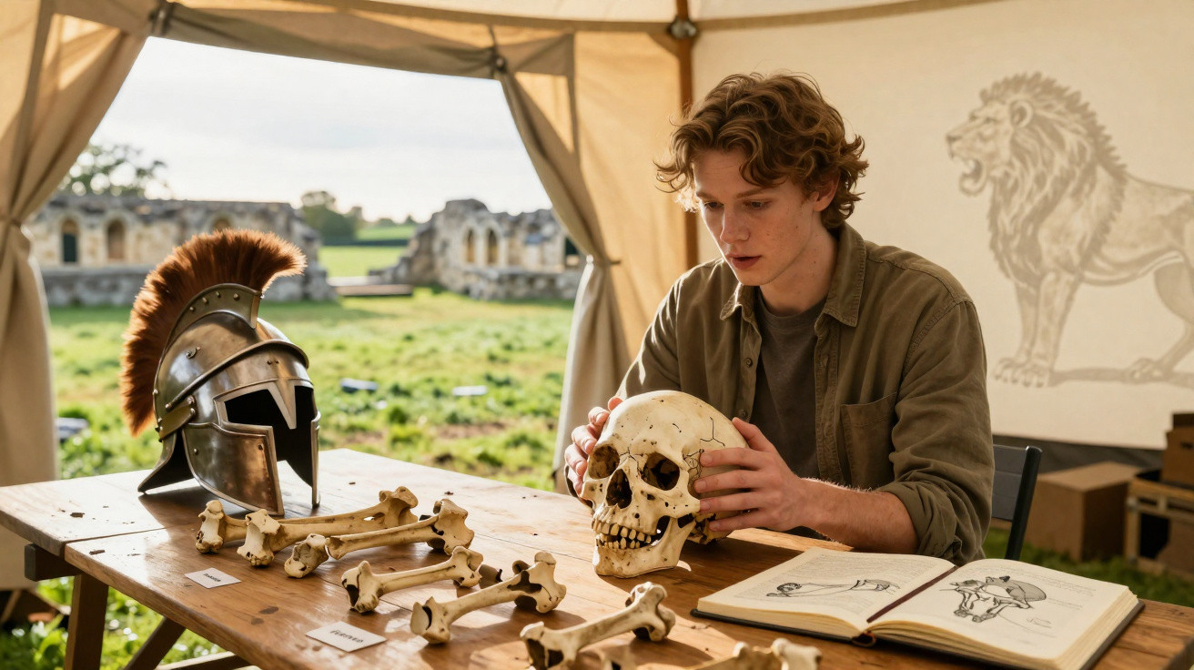 Young man examining a skull model at a table with ancient bones, helmet, and an open anatomy book in a tent.