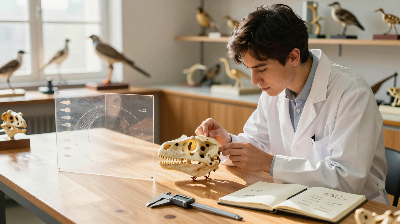 Young scientist in lab coat examining a dinosaur skull model at a wooden table with tools and notes.