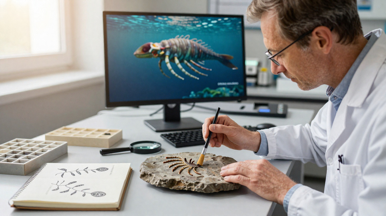 Scientist brushing a fossil on rock with a prehistoric sea creature 3D model on computer screen.