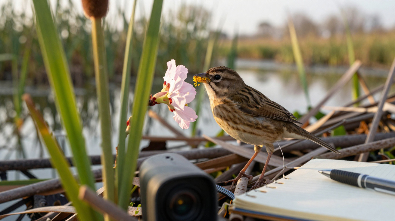 Small brown bird with pollen on its beak near a pink flower, camera and notebook by a lakeside.
