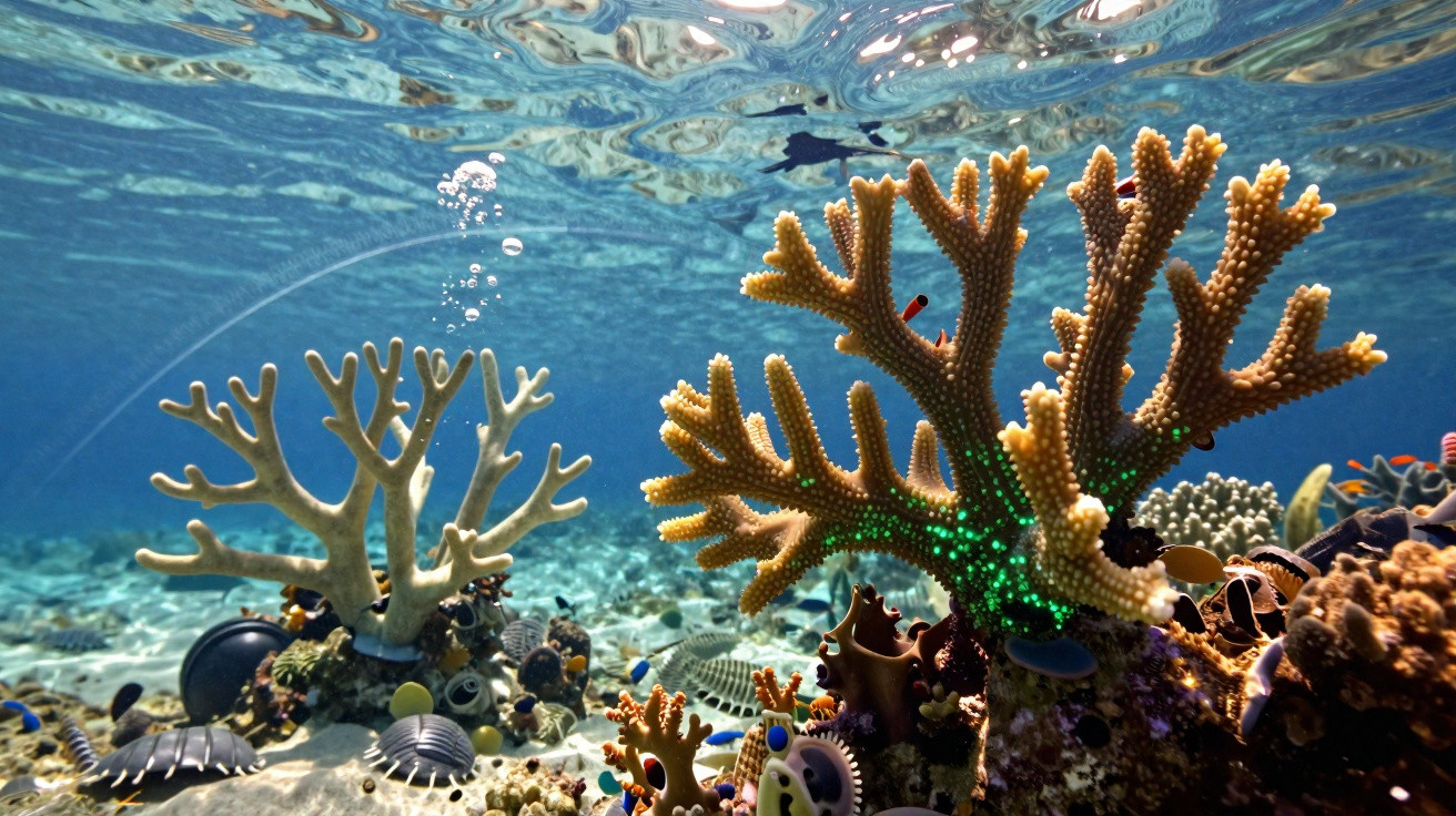 Underwater view of colourful coral reefs and diverse marine life with clear blue water and bubbles rising to the surface.