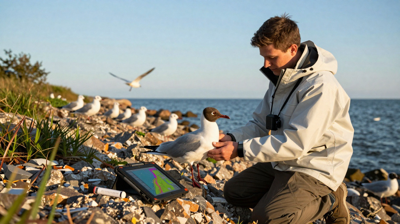 Person in white jacket holding a black-headed gull on a rocky shore with more gulls and sea in the background