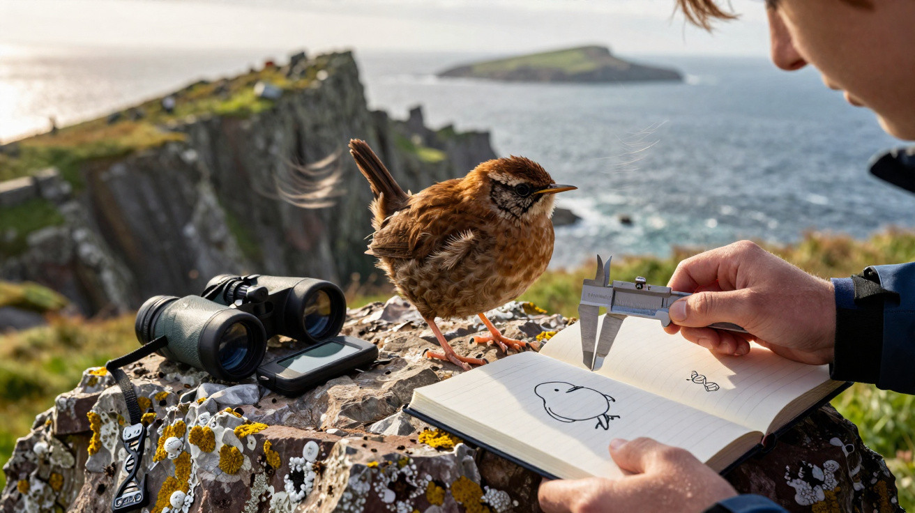 Person measuring a small brown bird with calipers beside binoculars on a rocky cliff overlooking the sea.