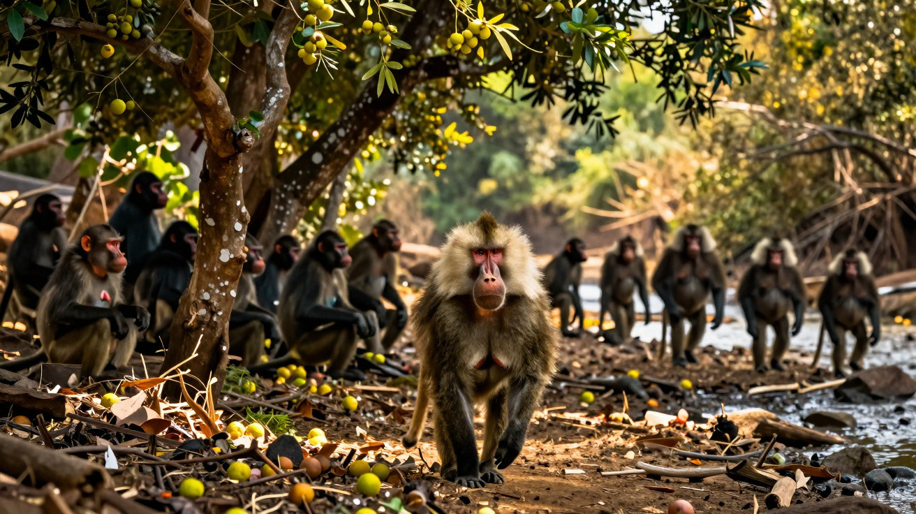 A group of baboons gathered under a fruit-filled tree by a riverside in a forested area.