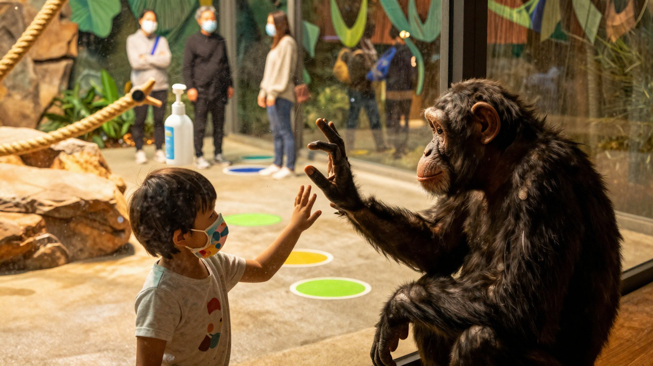 Child and chimpanzee touching hands through glass in a zoo enclosure with masked visitors in the background.
