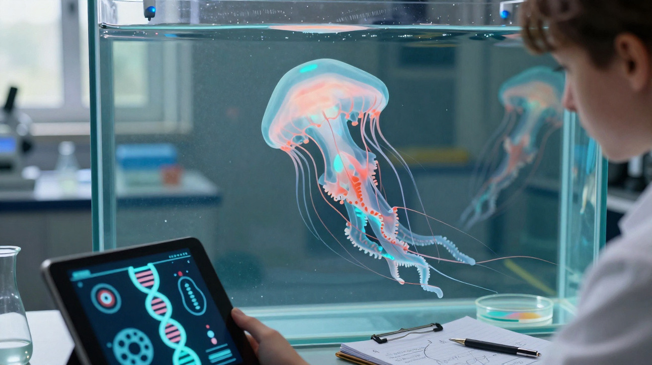 Scientist observing a glowing jellyfish in a tank with a tablet showing DNA visuals in a laboratory setting.