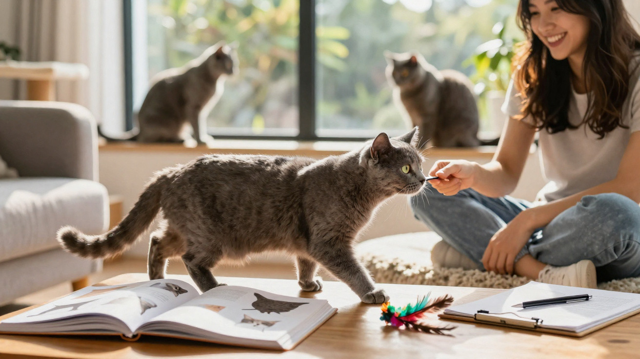 Grey cat walking on a table with books and toys while woman sitting nearby smiling in a sunlit room.