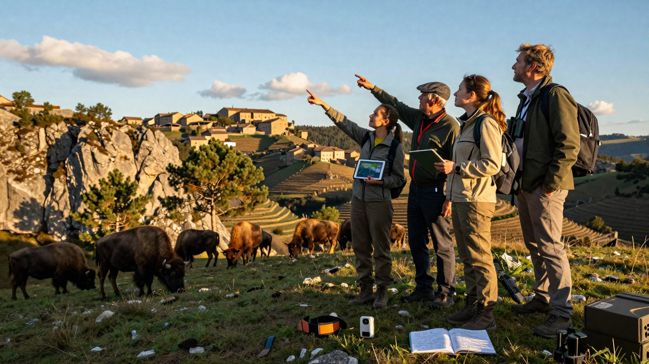 Four people observing and pointing towards bison grazing in a mountainous rural landscape at sunset.