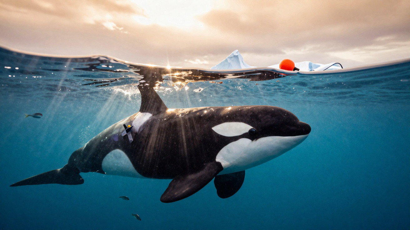 Orca swimming underwater near an iceberg and a floating buoy in icy ocean waters at sunset.