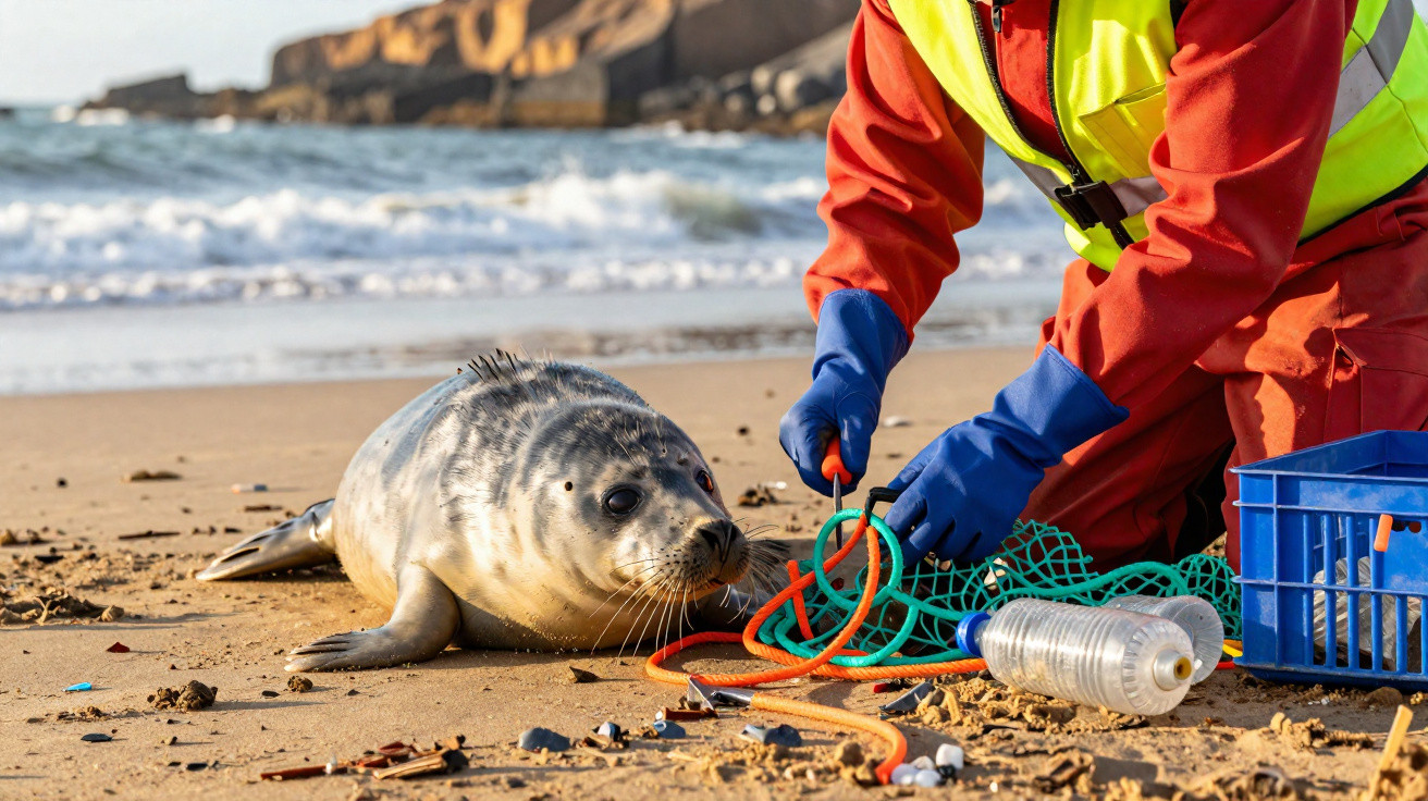 Person in protective gear untangling a seal caught in marine debris on a sandy beach.