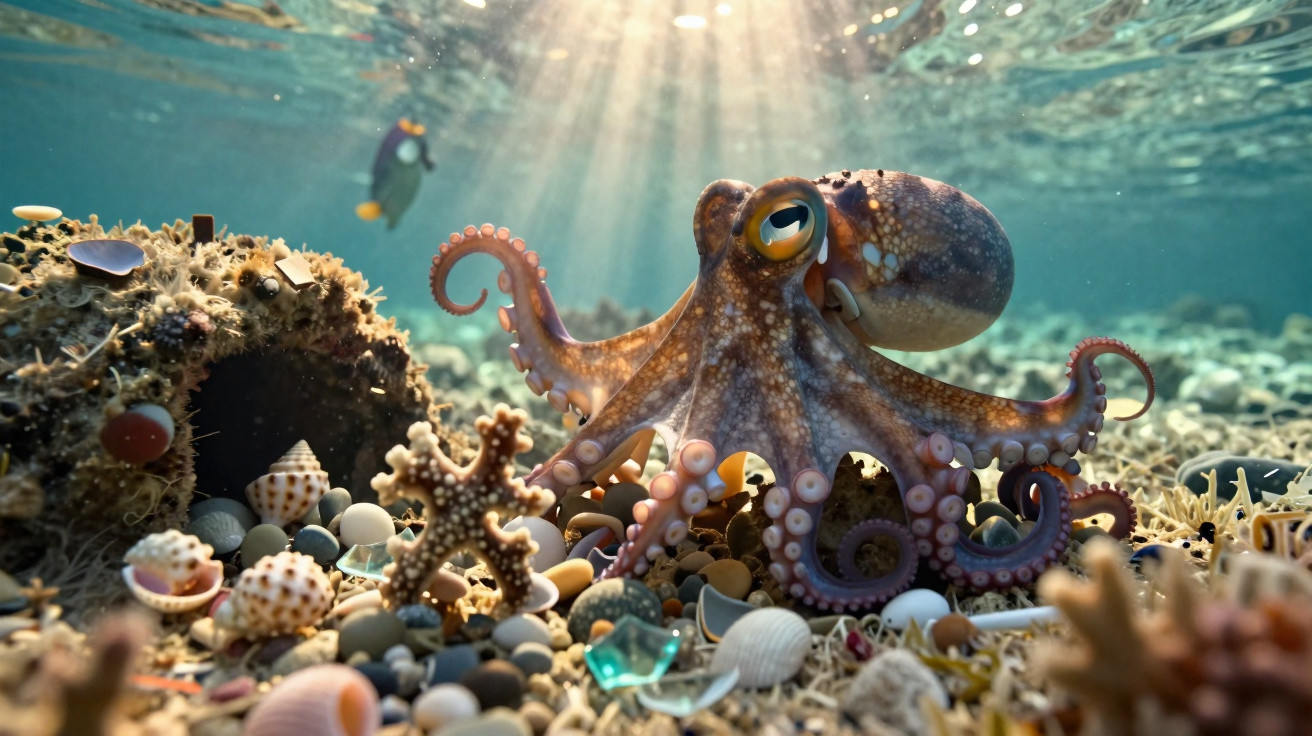 Underwater view of an octopus among shells and coral with sunlight streaming through the water surface.