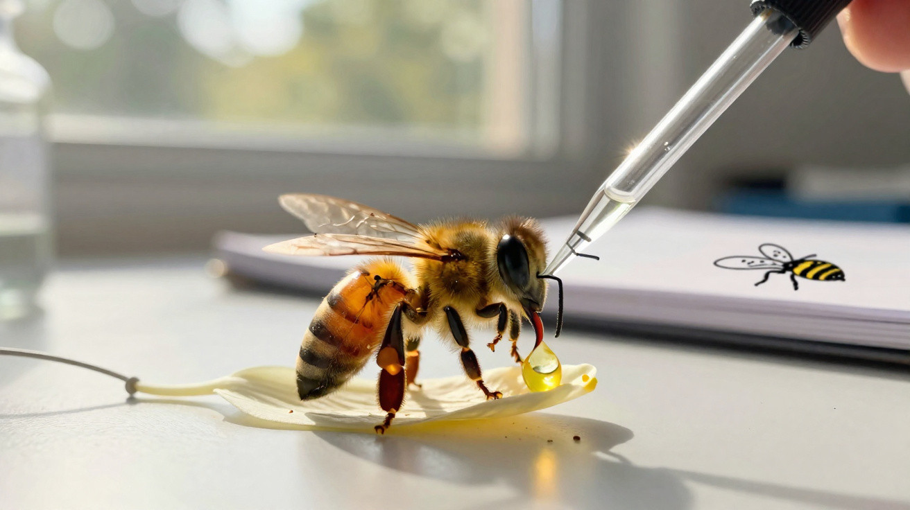 Close-up of a bee on a petal drinking honey from a dropper held by a hand beside a bee drawing.