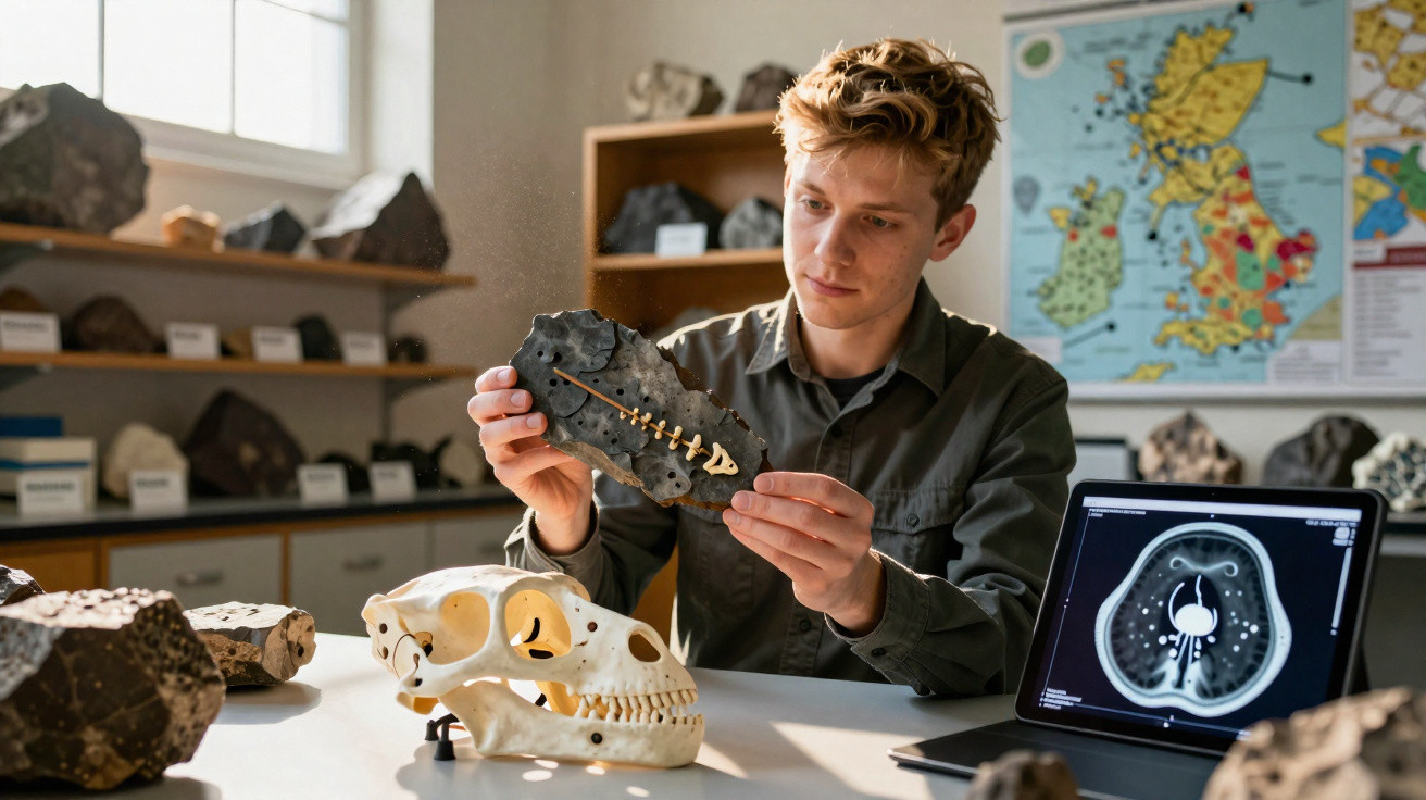 Young male scientist examining a fossil in a lab with skull, rock samples, and CT scan on laptop.
