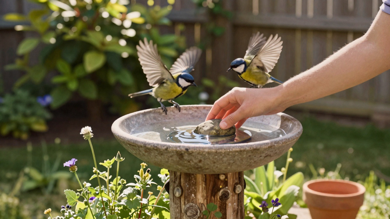 Two blue tits flying near a garden birdbath with a hand adjusting a stone in the water.