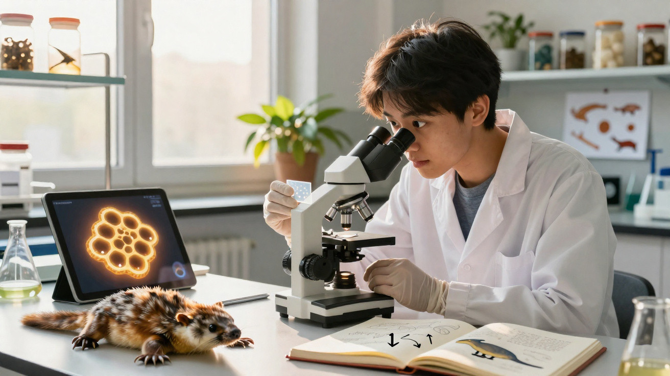 Young scientist examining a sample under a microscope in a laboratory with a ferret and tablet nearby.