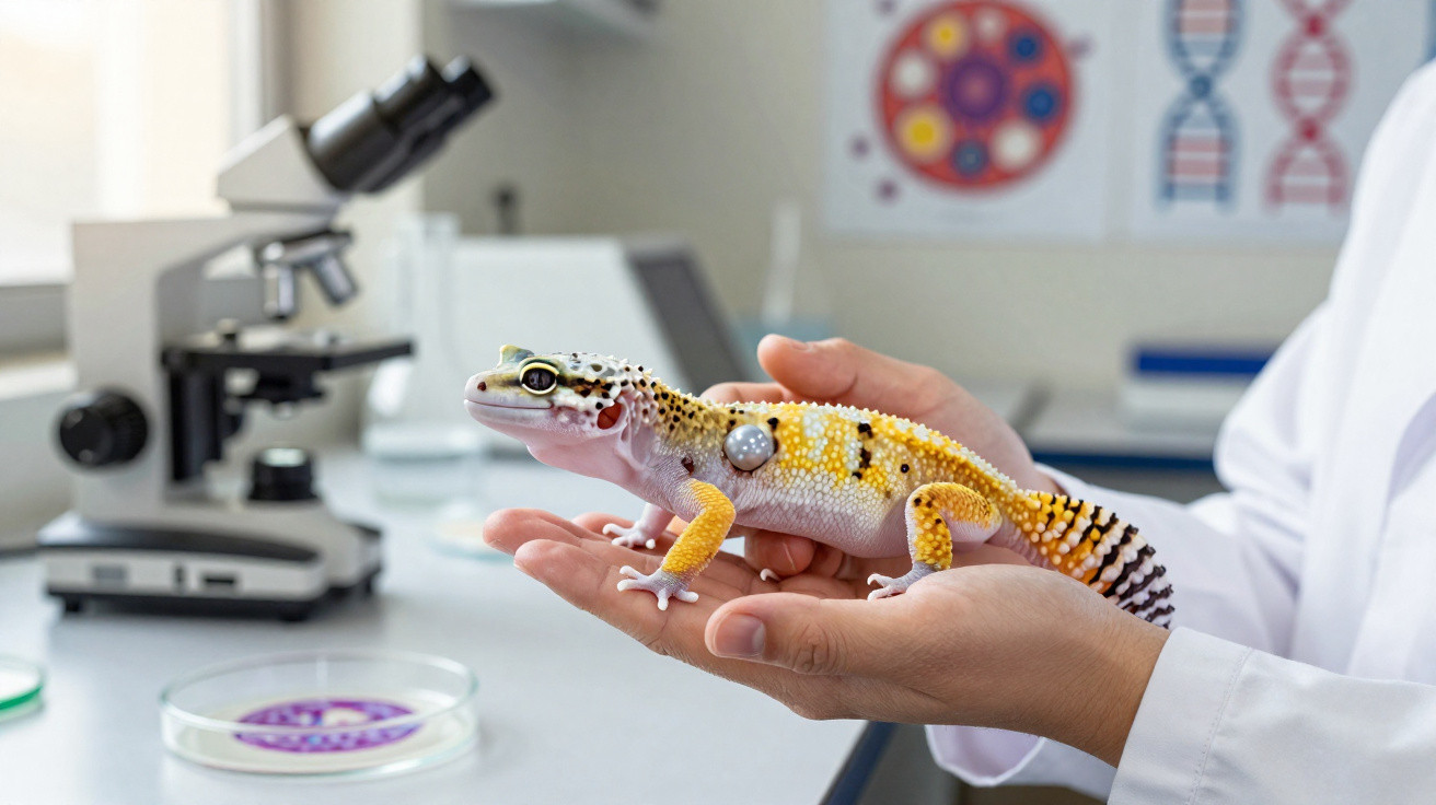 Scientist holding a yellow and white gecko with a tracking device in a laboratory near a microscope.