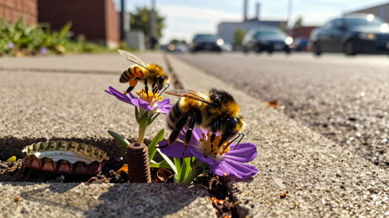 Two bees collecting nectar from purple flowers growing through a crack in a city pavement.