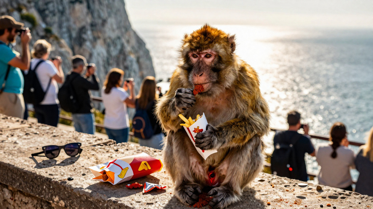 Monkey sitting on a stone ledge eating fast food with tourists and a scenic rocky coastline in the background.