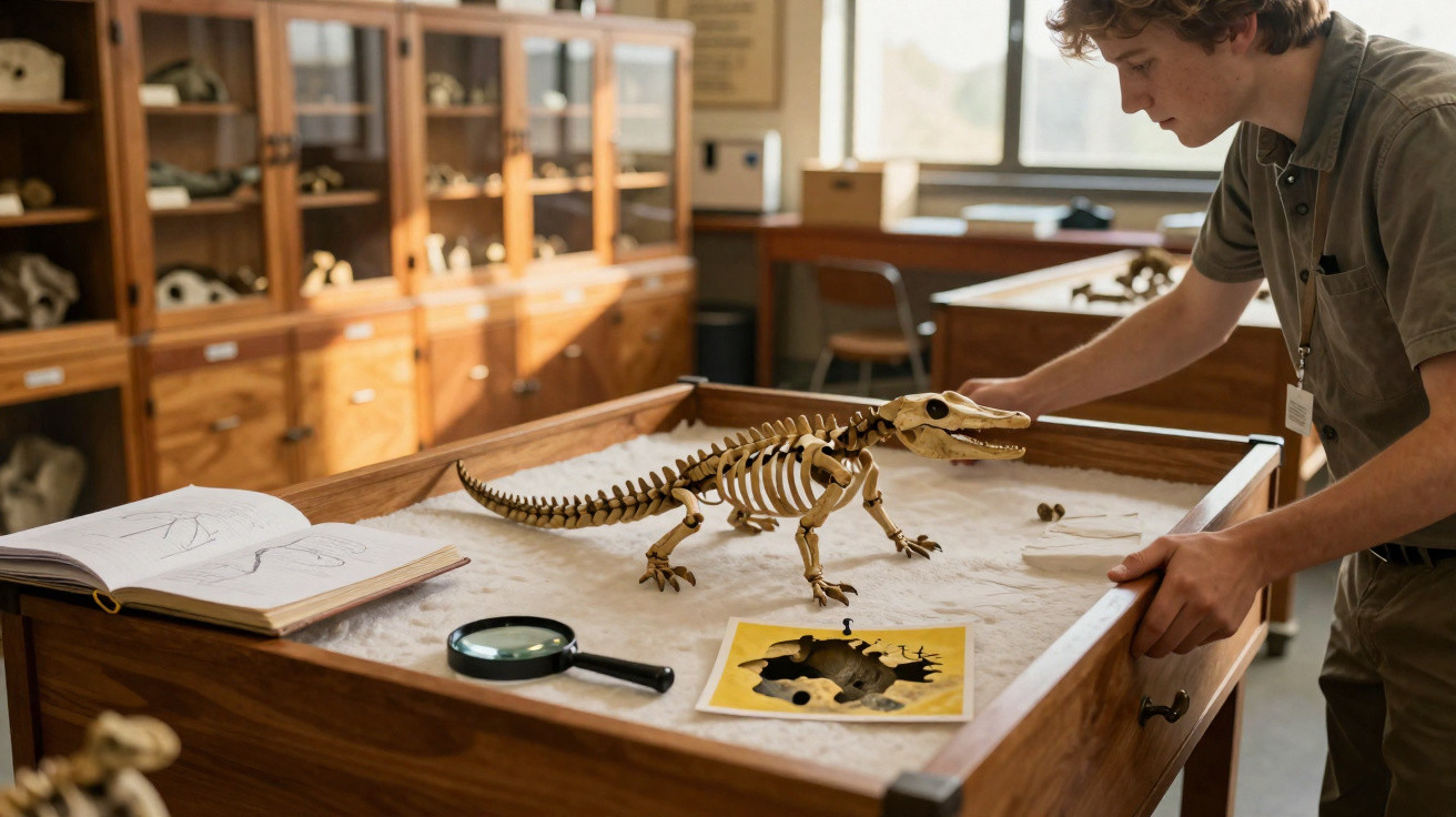 Young man examining a small dinosaur skeleton model on a sandy table in a museum or classroom.
