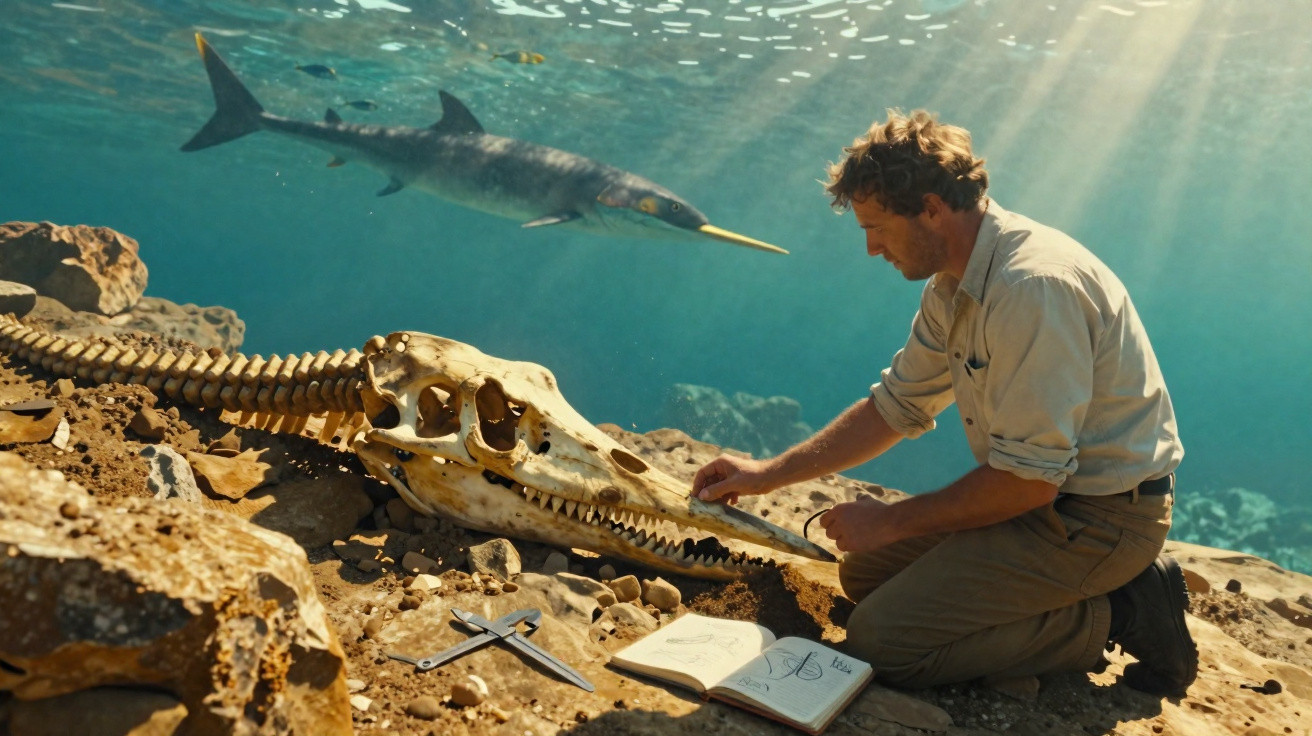 Man examines large prehistoric skull underwater with a swimming swordfish and open notebook nearby
