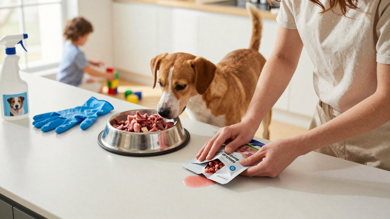 Person pouring dog treats into a bowl while dog waits and child plays with blocks in kitchen background