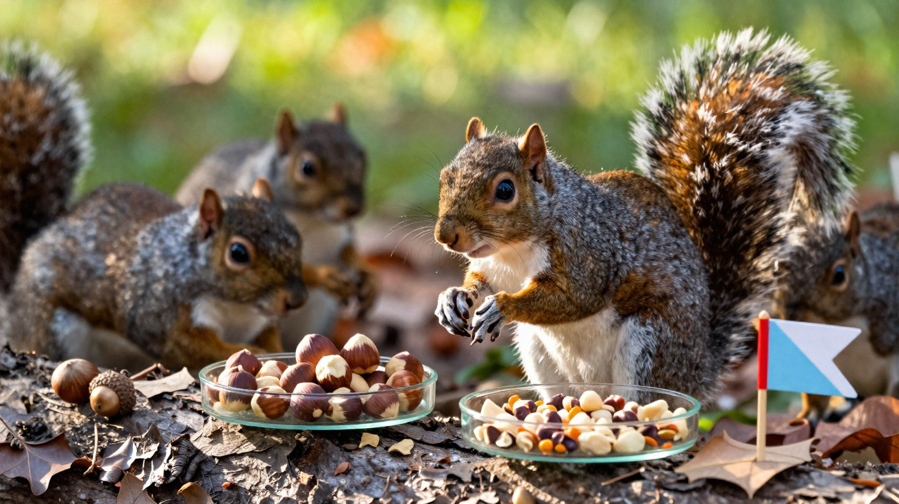 Four squirrels gathered around two glass dishes filled with nuts on a forest floor with dry leaves.