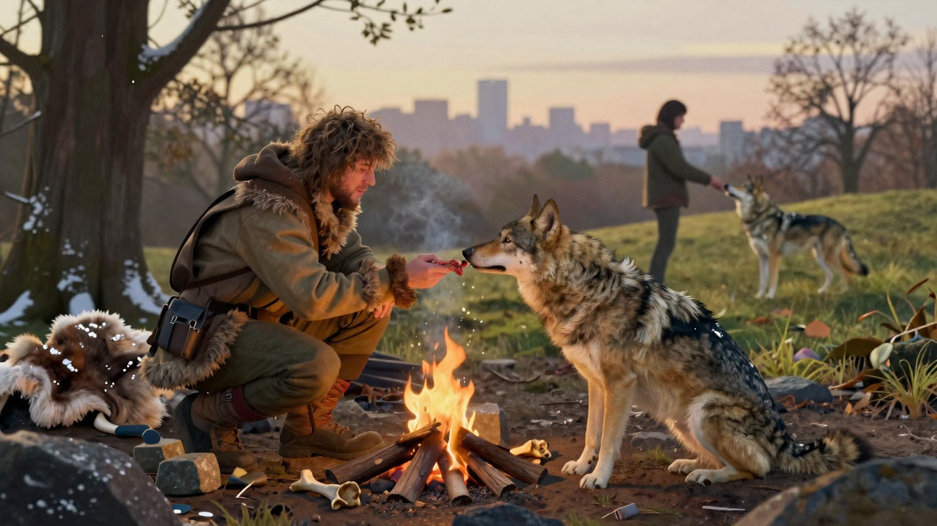 Man in fur clothing feeds a wolf by a campfire with a city skyline in the background at dusk.