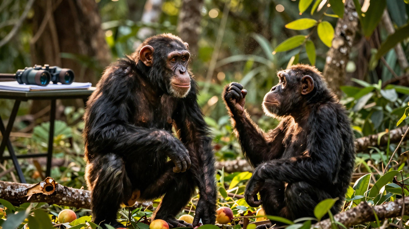 Two chimpanzees sitting on branches in a forest, one holding a small fruit or nut between fingers.