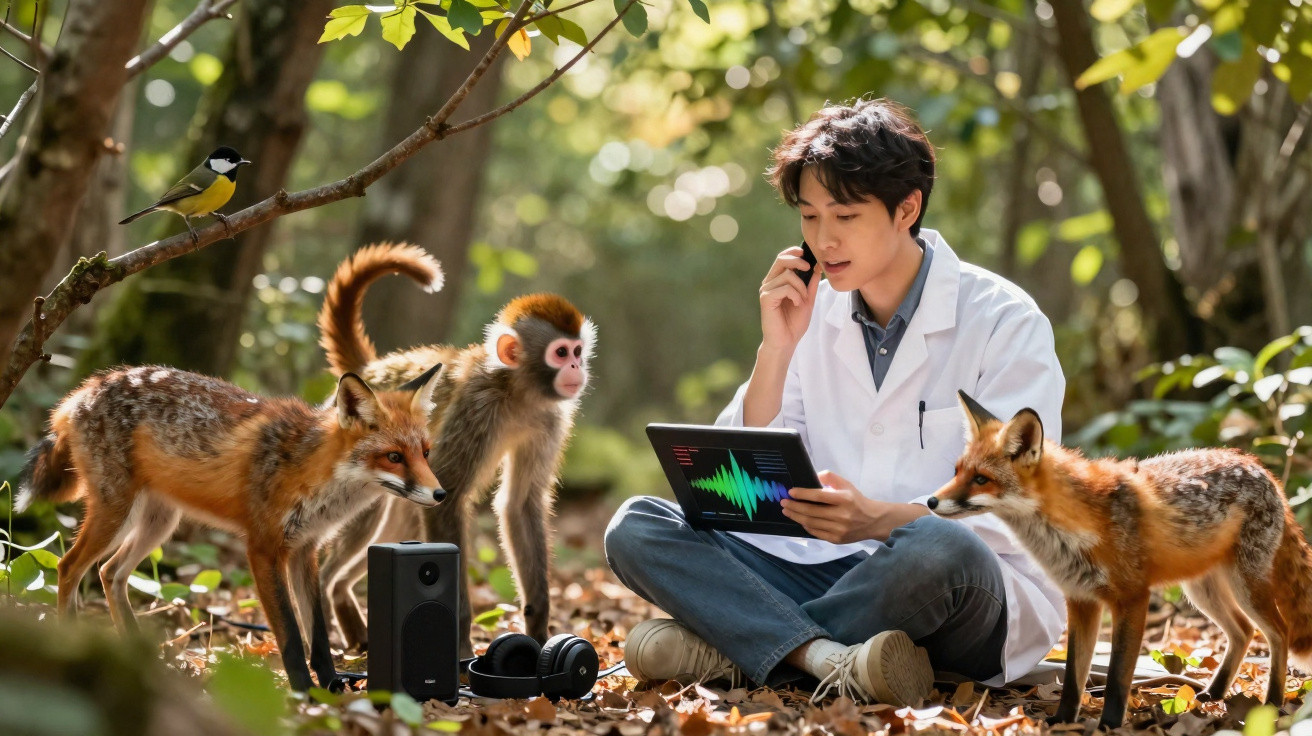Scientist in lab coat analysing data on a tablet surrounded by two foxes, a monkey, and a bird in a forest.