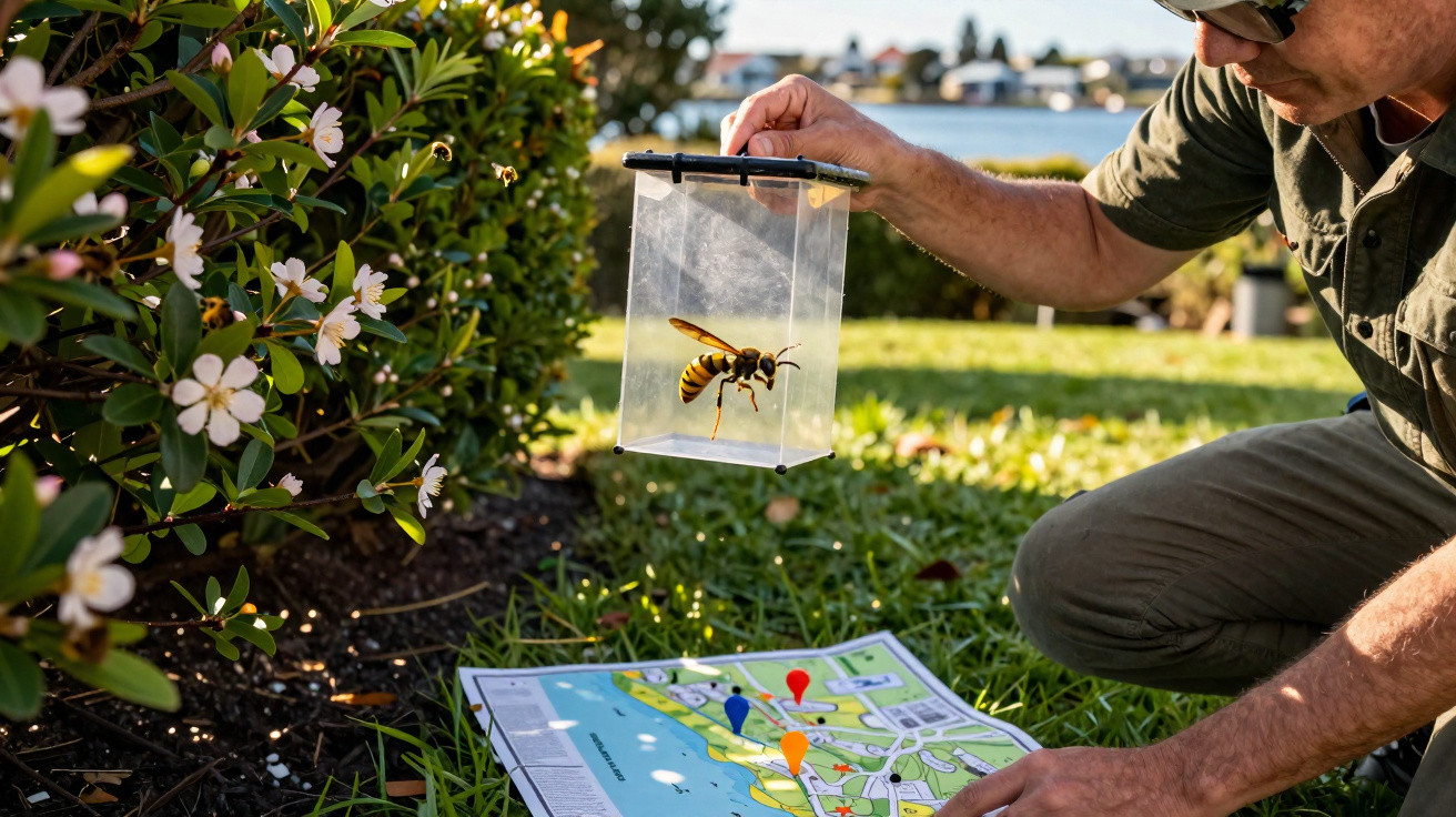 Person examining a large wasp inside a clear container outdoors near flowers and a map on grass.