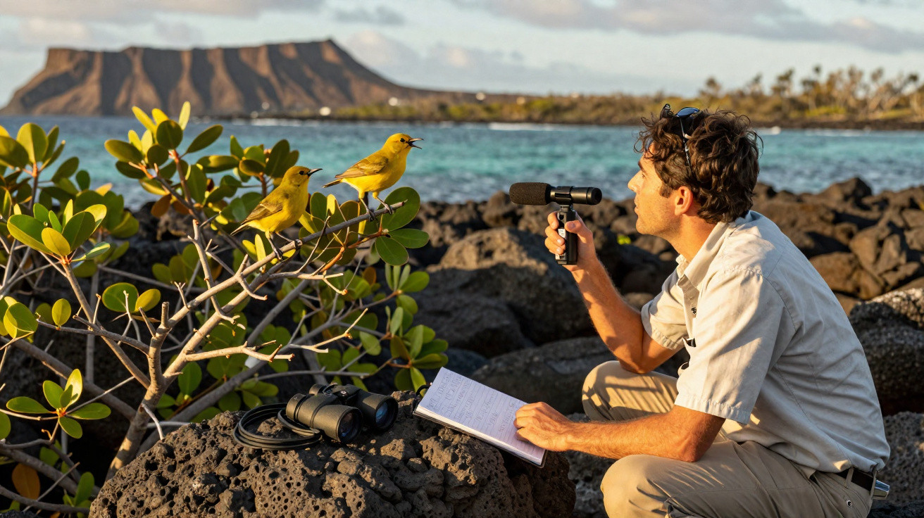 Man recording yellow birds on a rocky shore with a notepad and binoculars at sunrise or sunset.